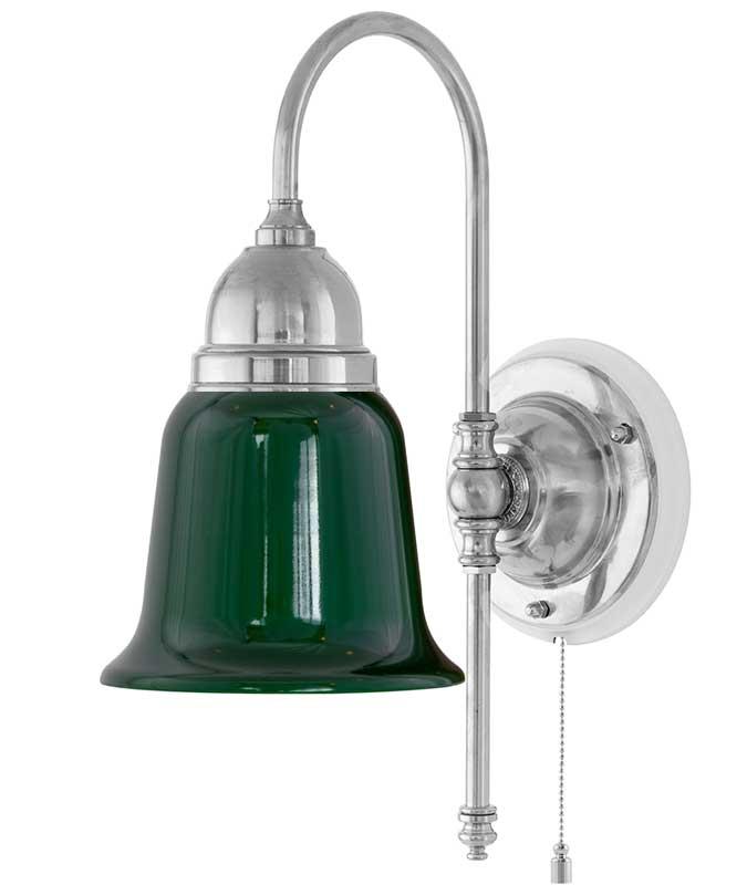 Vegglampe - Ahlström nikkel, grønn klokke - arvestykke - gammeldags dekor - klassisk stil - retro - sekelskifte