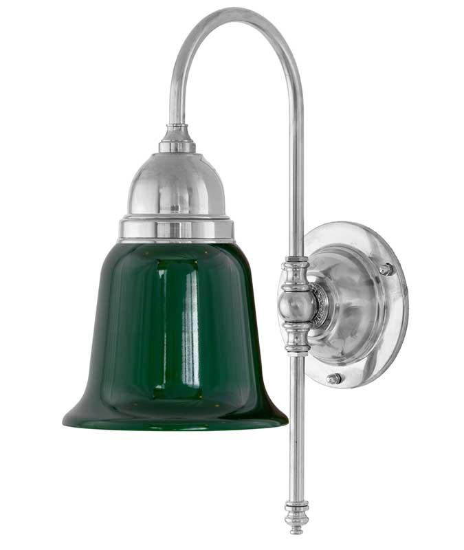 Vegglampe - Ahlström nikkel, grønn klokke - arvestykke - gammeldags dekor - klassisk stil - retro - sekelskifte