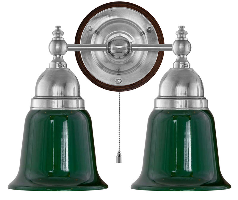 Vegglampe - Bergman nikkel, grønn klokke - arvestykke - gammeldags dekor - klassisk stil - retro - sekelskifte