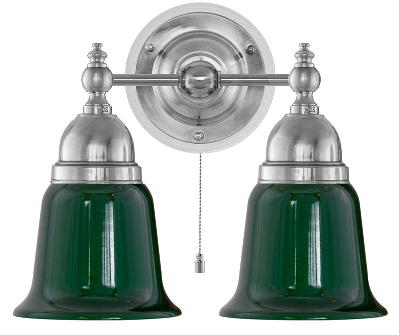 Vägglampa - Bergman förnicklad, grön klocka - gammaldags inredning - klassisk stil - retro - sekelskifte