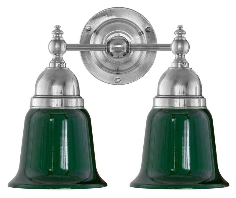 Vegglampe - Bergman nikkel, grønn klokke - arvestykke - gammeldags dekor - klassisk stil - retro - sekelskifte
