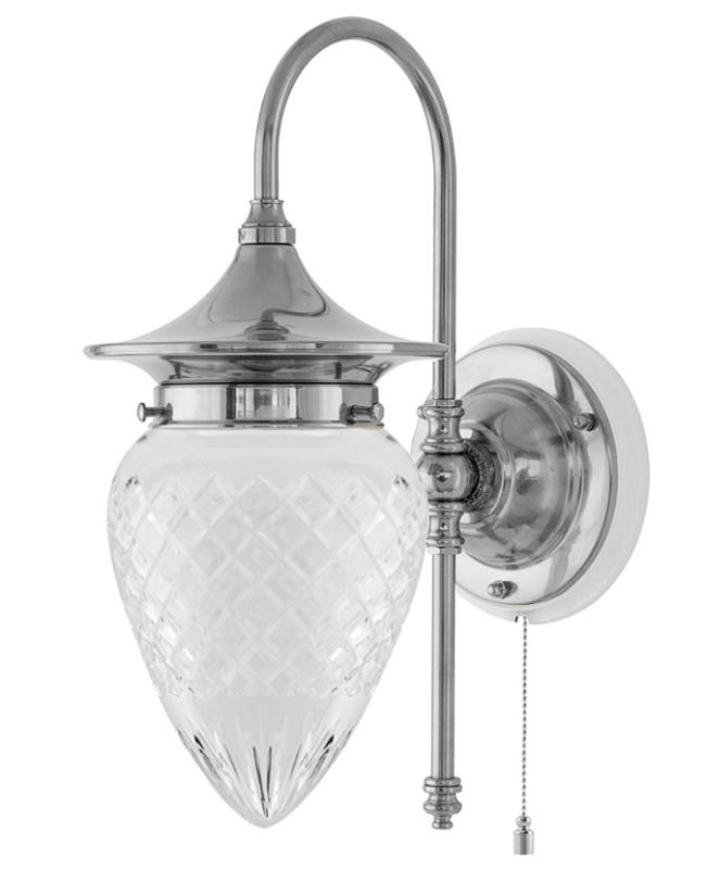 Vegglampe - Fryxell nikkel, klar dråpeformet kuppel - arvestykke - gammeldags dekor - klassisk stil - retro - sekelskifte