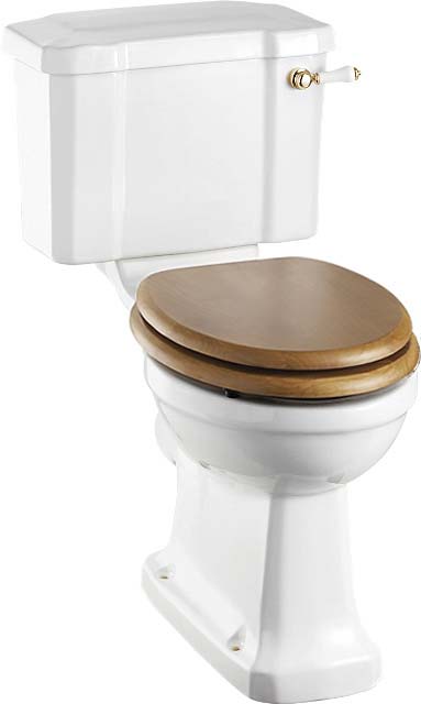 WC - Burlington gulvstående toilet, smal cisterne og eg sæde, guld detaljer