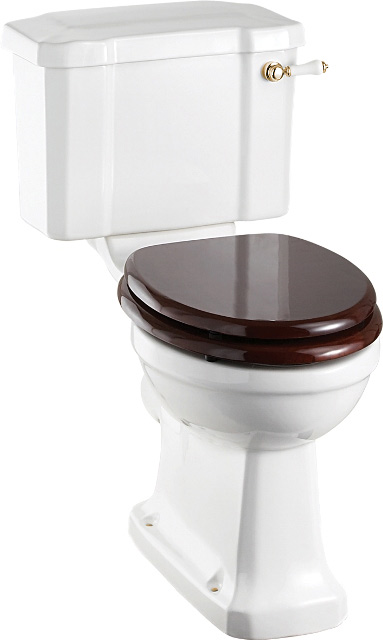 WC - Burlington gulvstående toilet, smal cisterne og mahogni sæde, guld detaljer