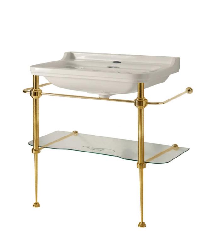 Sink on Bronze Stand with Glass Shelf - Art Deco 88 cm