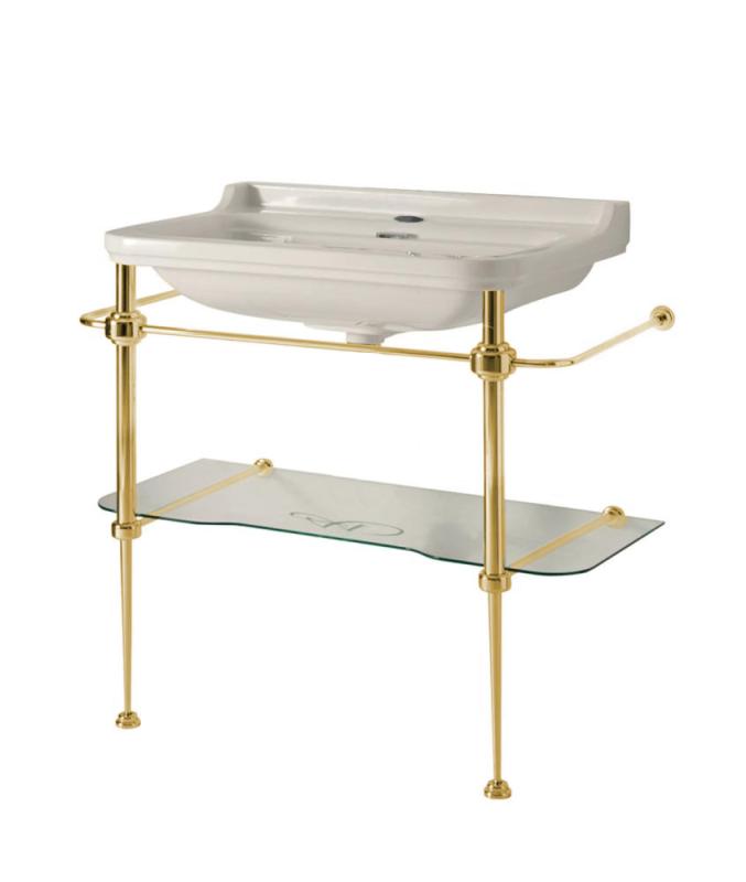 Sink on Gold Stand with Glass Shelf - Art Deco 88 cm