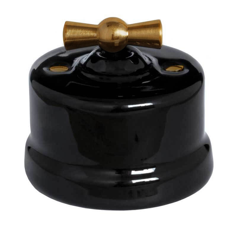 Light Switch - Black porcelain surface mounted brass knob