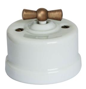 Light Switch - White Porcelain, Surface-Mounted, Antique Knob