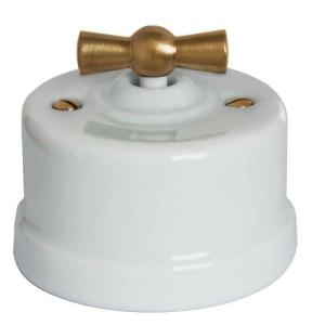 Light Switch - White porcelain surface mounted brass knob