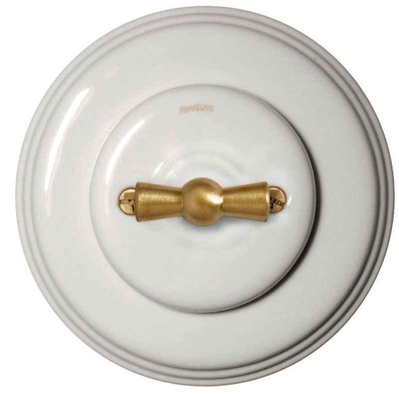 Schalter – Wechselschalter (Drehschalter), weißes Porzellan, Drehknopf aus Messing