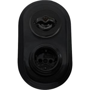Outlet & Rotary Light Switch - Black porcelain, Double-Socket with Cover Frame