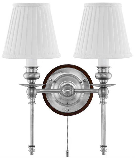 Vägglampa - Wivallius nickel, vit tygskärm - gammaldags inredning - klassisk stil - retro - sekelskifte
