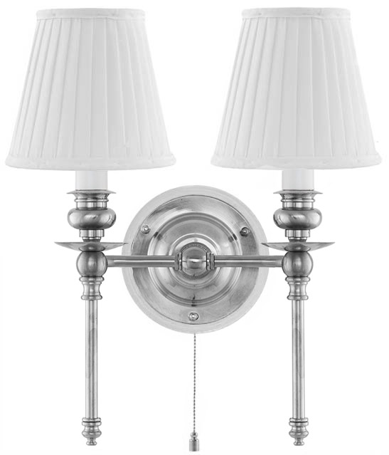 Vägglampa - Wivallius nickel, vit tygskärm - gammaldags inredning - klassisk stil - retro - sekelskifte