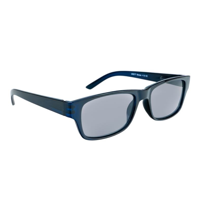 Bonao - Blå läsglasögon med solskydd i en tidlös, rektangulär design.