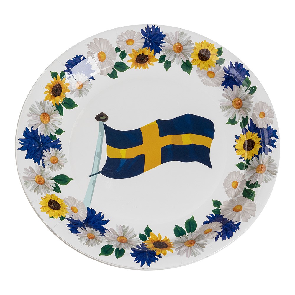 Papperstallrik 18cm 8-pack svenskflaggan/blommor