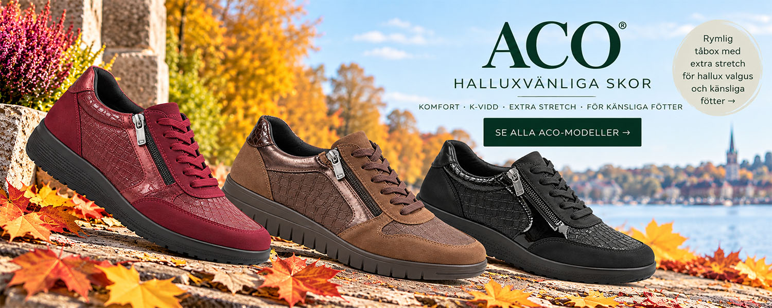 ACO halluxvänliga damskor i svart, vinrött och brunt med extra stretch för känsliga fötter och hallux valgus.