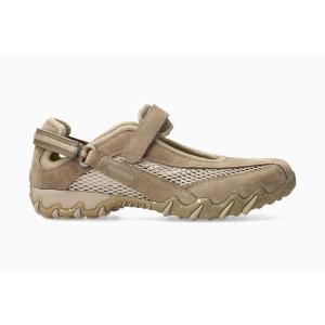 Allrounder Niro sportsandal i nougat och beige mocka med meshpaneler, justerbart kardborreband över vristen, reglerbar hälrem och greppsäker gummisula, sidoprofil.