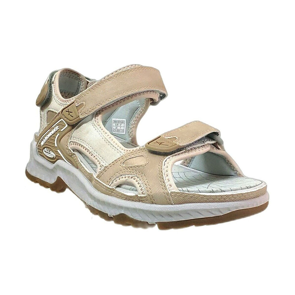 Allrounder Westside sportsandal i ljus beige textil och skinn med trippla justerbara kardborreband, dämpad vit mellansula och mönstrad gummisula, profilvy.