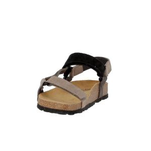 Axelda Justin Grey Multi damsandal i mocka sedd snett framifrån med fokus på tåboxen och de grå remmarna.