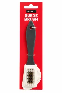 Derby Suede Brush mockaborste med svart handtag och kombinerade borst för rengöring av mocka och nubuck, i röd originalförpackning.