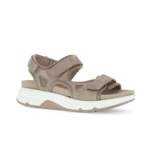 Gabor Rollingsoft damsandal i beige mocka fotograferad snett framifrån, med synliga kardborreremmar, meshdetaljer och en tjock vit komfortsula.