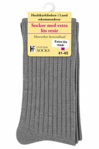 Gråmelerade ribbstickade bomullsstrumpor från HF Cotton Socks med extra lös resår som motverkar bensvullnad, storlek 41–45.