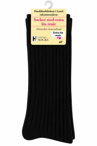 Svarta, extra långa ribbstickade bomullsstrumpor från HF Cotton Socks med extra lös resår som motverkar bensvullnad, storlek 47