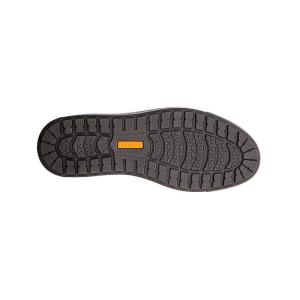 Den svarta mönstrade polyuretansulan på en Jomos herrsneaker med en orange Jomos-logotyp , aircomfort samt Made in Germany.