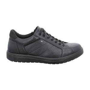 Helsvart Jomos 321375 herrsneaker i skinn med funktionell dragkedja på sidan, klassisk snörning samt dämpande svart PUR Aircomfort-sula.