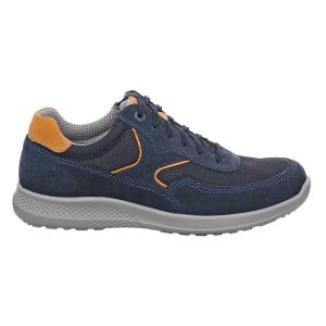 Marinblå Jomos Campus 322411 herrsneaker i mocka och ventilerande mesh med orangea detaljer, brun hälkappa samt en dämpande ljusgrå Aircomfort-sula.