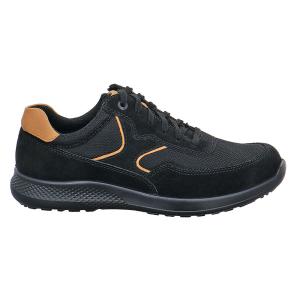 Svart Jomos Campus 322411 herrsneaker i mocka och ventilerande mesh med orangea detaljer, brun hälkappa samt en dämpande svart Aircomfort-sula.