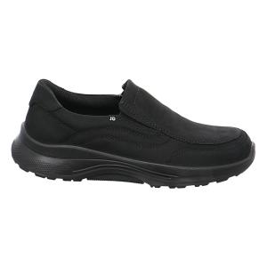 Jomos Jomotion 331398 herrslipper i svart nubuckläder med elastiska sidopartier, kontrastsömmar och en dämpande tjock Jomotion-yttersula, profilvy.