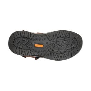 Den svarta mönstrade polyuretansulan på en Jomos Liberta herrsandal med en orange logotyp och Made in Germany.