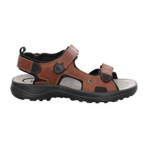 Nötbrun Jomos Liberta 508609 herrsandal i skinn med tre justerbara kardborreband, svart neoprenfoder och en ergonomisk, dämpande Aircomfort-sula.
