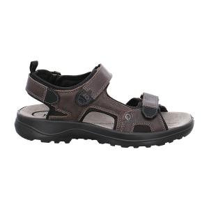 Mörkbrun Jomos Liberta 508609 herrsandal i skinn med tre reglerbara kardborreband, mjukt innerfoder och en ergonomisk, svart Aircomfort-sula.