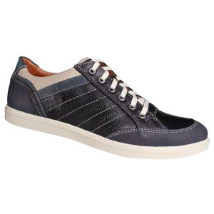 Jomos 316216-155-1928 herrsneakers i mörkblått skinn med sportiga perforeringar, ljusa detaljer, vit snörning och flexibel Aircomfort-sula, profilvy