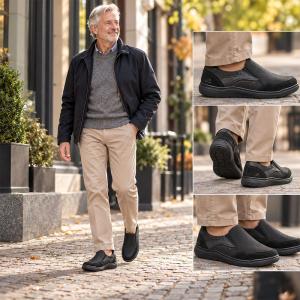 En leende äldre man med grått hår går på en kullerstensgata i höstmiljö. Han bär en mörk jacka, grå tröja och beige chinos tillsammans med svarta Josef Seibel slip-on-skor. Tre detaljbilder till höger visar skorna i närbild från olika vinklar.