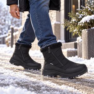 Närbild på en man i blå jeans och svarta quiltade vinterkängor från Josef Seibel. Han går utomhus på en snö- och isbelagd gångväg med en snötäckt växt i bakgrunden.