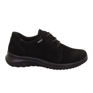 Vattentät lågsko med klassisk snörning från LEGERO Softboot 4.0 i svart mocka, där profilbilden visar skons snörda ovandel med GORE-TEX®-membran, dekorationssömmar och en dämpad lättviktssula för optimal vardagskomfort.