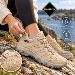 Vattentät vandringssko med maximal funktion från MERRELL Moab 3 GTX för damer. Bilden visar skons GORE-TEX®-membran som andas och avvisar vatten, den greppsäkra Vibram®-sulan och dess runda passform utvecklad för ett aktivt