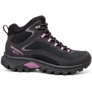 • Vattentät vandringskänga med stabilt ankelstöd från MERRELL Speed Strike 2 Mid GORE-TEX® för damer, där profilbilden visar skons lätta och ventilerande ripstop-mesh, greppsäkra gummiyttersula samt snygga lila färgdetaljer.