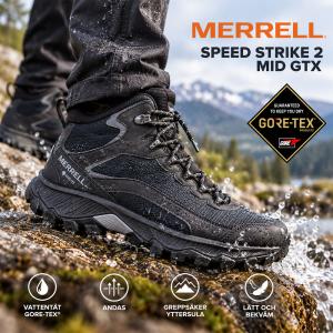 • Vattentät vandringskänga med GORE-TEX®-membran från MERRELL Speed Strike 2 Mid GTX för herr. Bilden visar kängans andasfunktion, lätta konstruktion och greppsäkra yttersula som tillsammans garanterar torra fötter och hög komfort i tuff terräng.