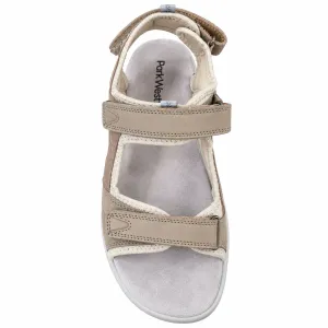 Park West beige komfortsandal med två justerbara kardborremmar, hälrem och mjuk ljusgrå fotbädd, fotograferad ovanifrån mot vit bakgrund.
