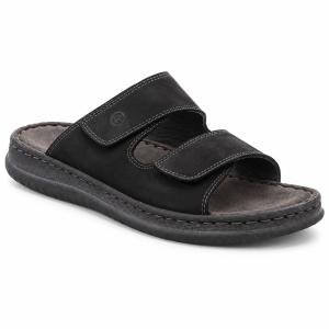 Profilbild av herrsandalen Rohde 6241 i svart nubuckläder och storlek 47 eller 48. Visar en klassisk slip-in med två breda, justerbara remmar med kardborreband samt en bekväm ergonomisk fotbädd.