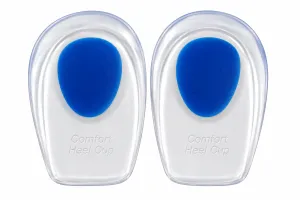Royal Comfort Heel Cup – två transparenta hälkoppar i gel med blå stötdämpande kuddar för avlastning och ökad komfort under hälarna.