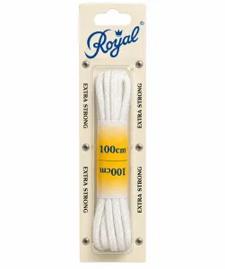 Royal Extra Strong vita runda skosnören, 100 cm långa, i originalförpackning mot vit bakgrund.