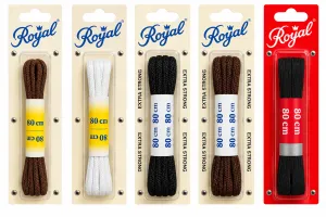 Royal skosnören 80 cm i fem varianter: bruna runda, vita runda, svarta runda Extra Strong, mörkbruna runda Extra Strong och svarta platta skosnören, samlade mot vit bakgrund.
