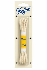 Royal naturvita runda skosnören, 65 cm långa, i originalförpackning mot vit bakgrund.