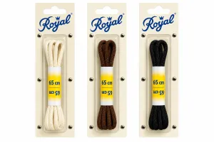Royal runda skosnören 65 cm i tre färger: naturvit, mörkbrun och svart, i originalförpackningar mot vit bakgrund.
