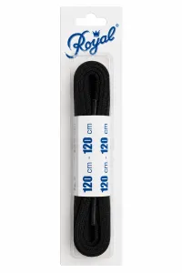 Svarta platta skosnören från Royal, 120 cm långa, i originalförpackning mot vit bakgrund.